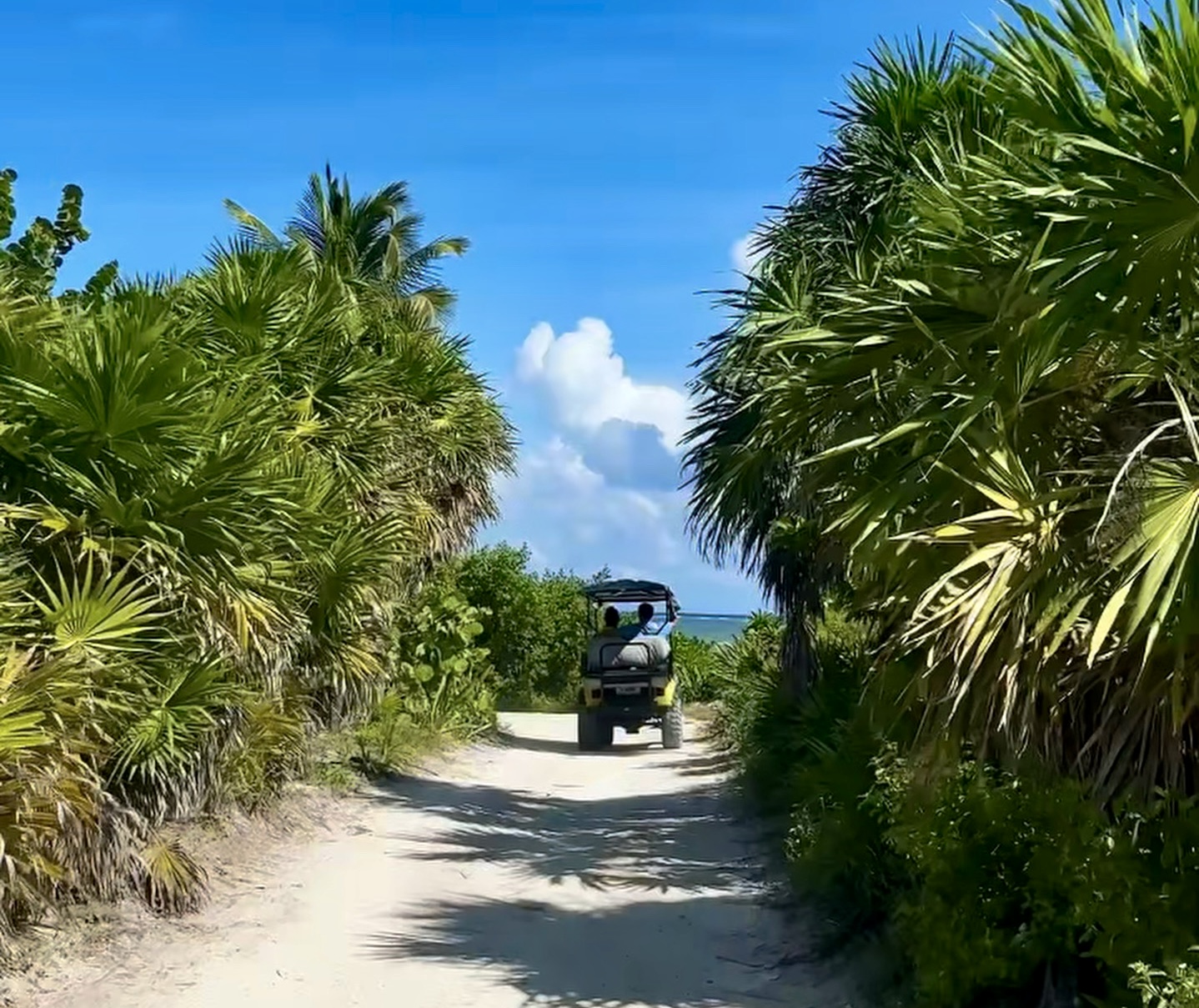 Golf cart on a sandy road in San Pedro, from our Ambergris Caye guide